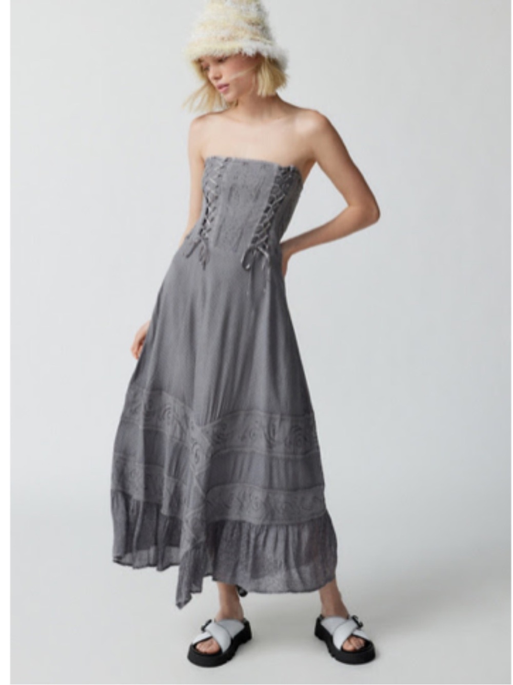 Strapless Scrunch back Lace-Up Midi-Maxi Dress in Slate Gray
